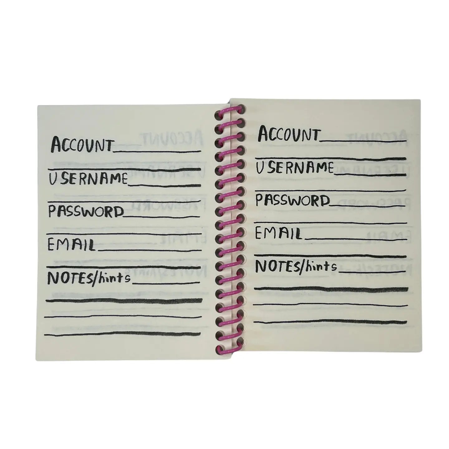 A journal with prompts for all those essential things you must remember like passwords, codes, pins. Lined journal.  