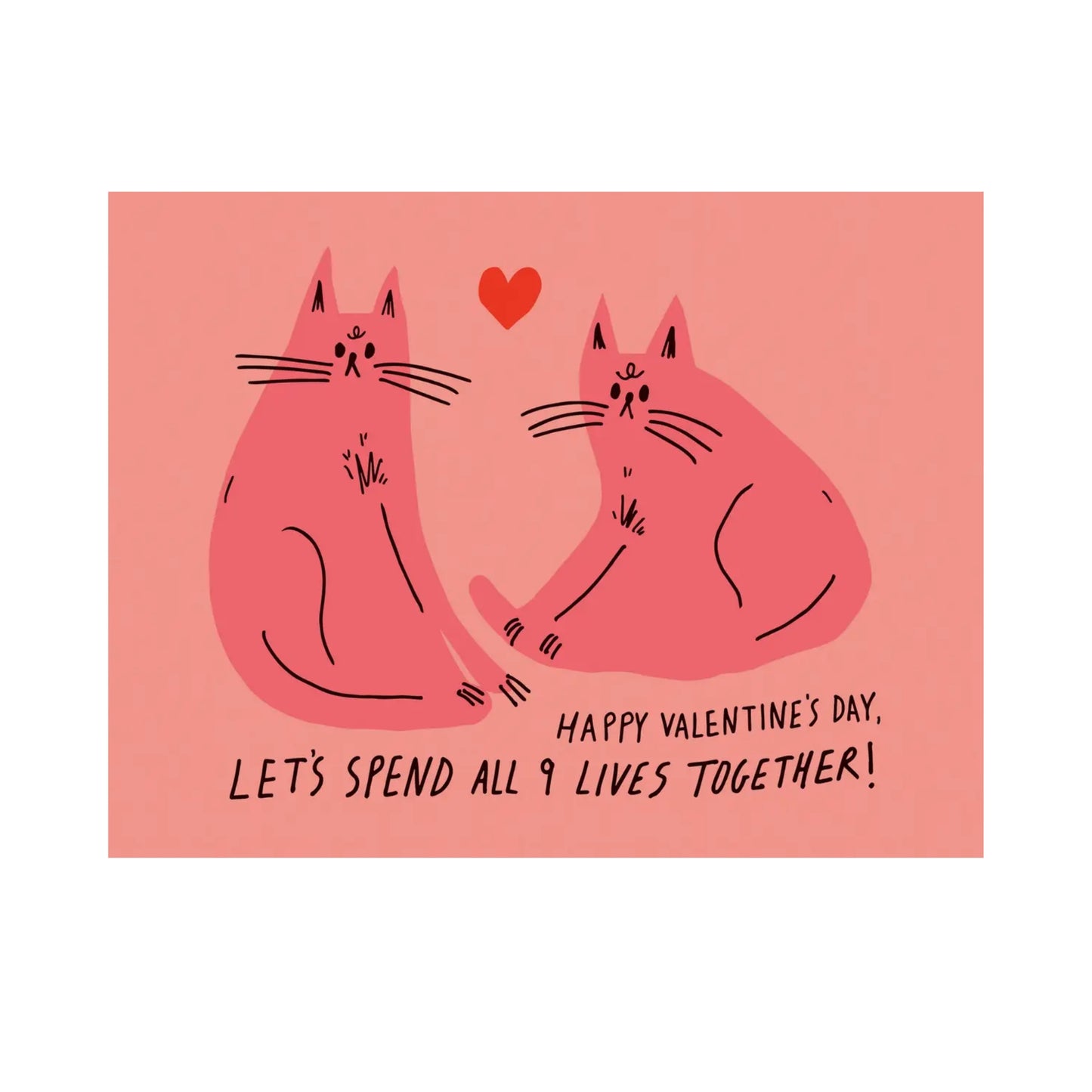 Nine Loves Cat card for Valentine's Day. Pink cat illustration. 