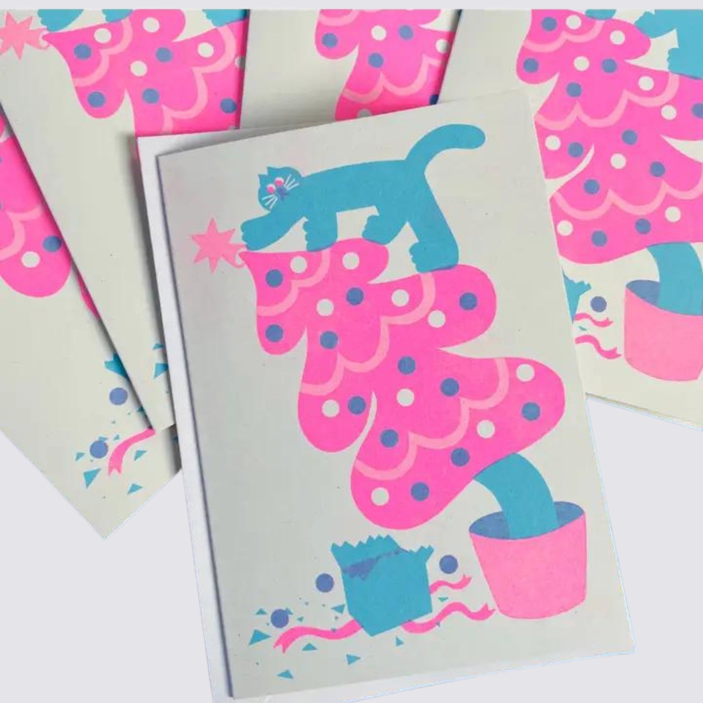 Blue Cat on Pink Christmas Tree Card