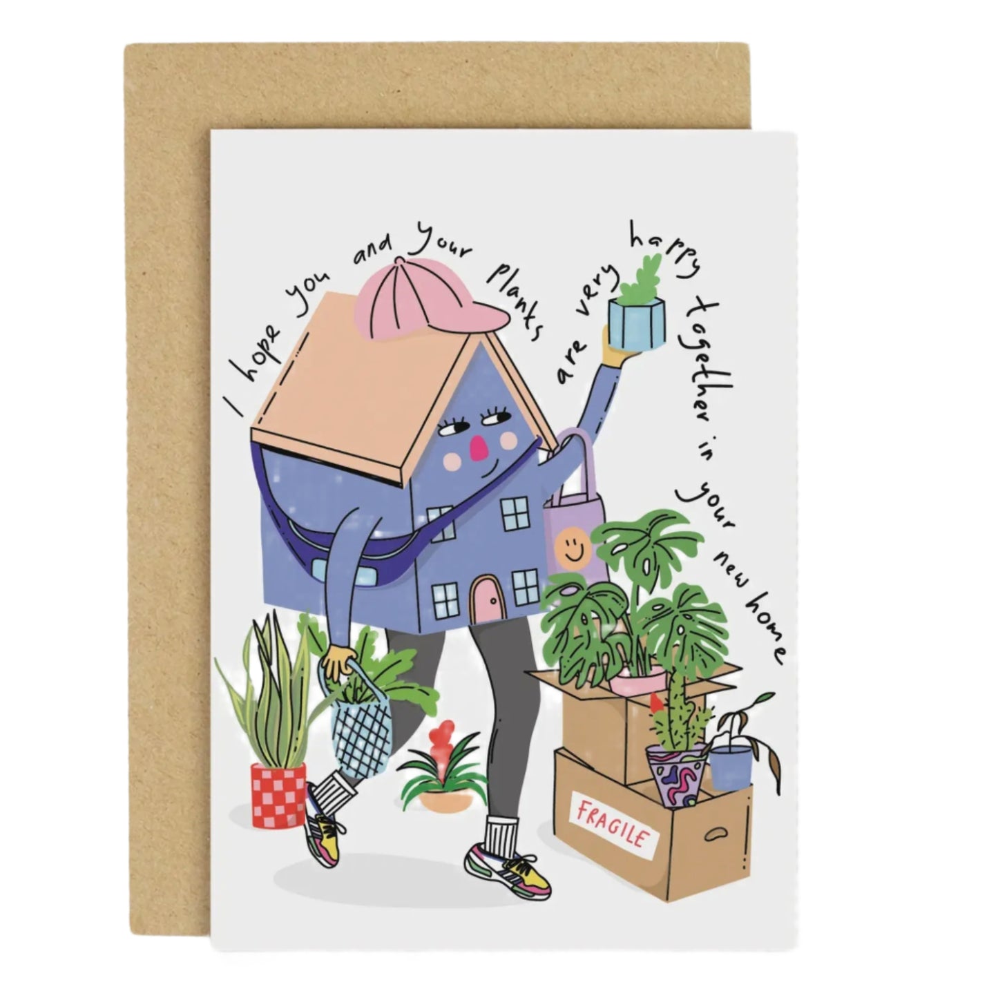 House warming card for a new home with cute illustration of blue house and plants.