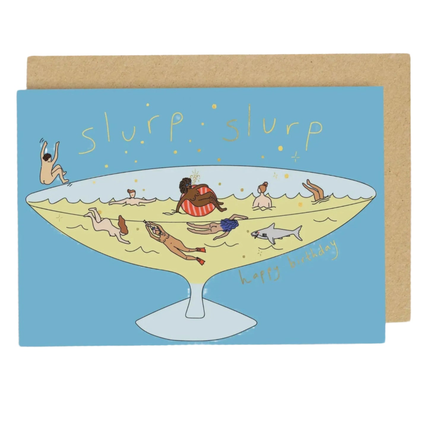 Happy Birthday card with illustration, featuring a wine glass with people swimming. 