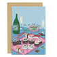 Illustrated card with a picnic, wine and sushi. Love, friendship and valentines day card.