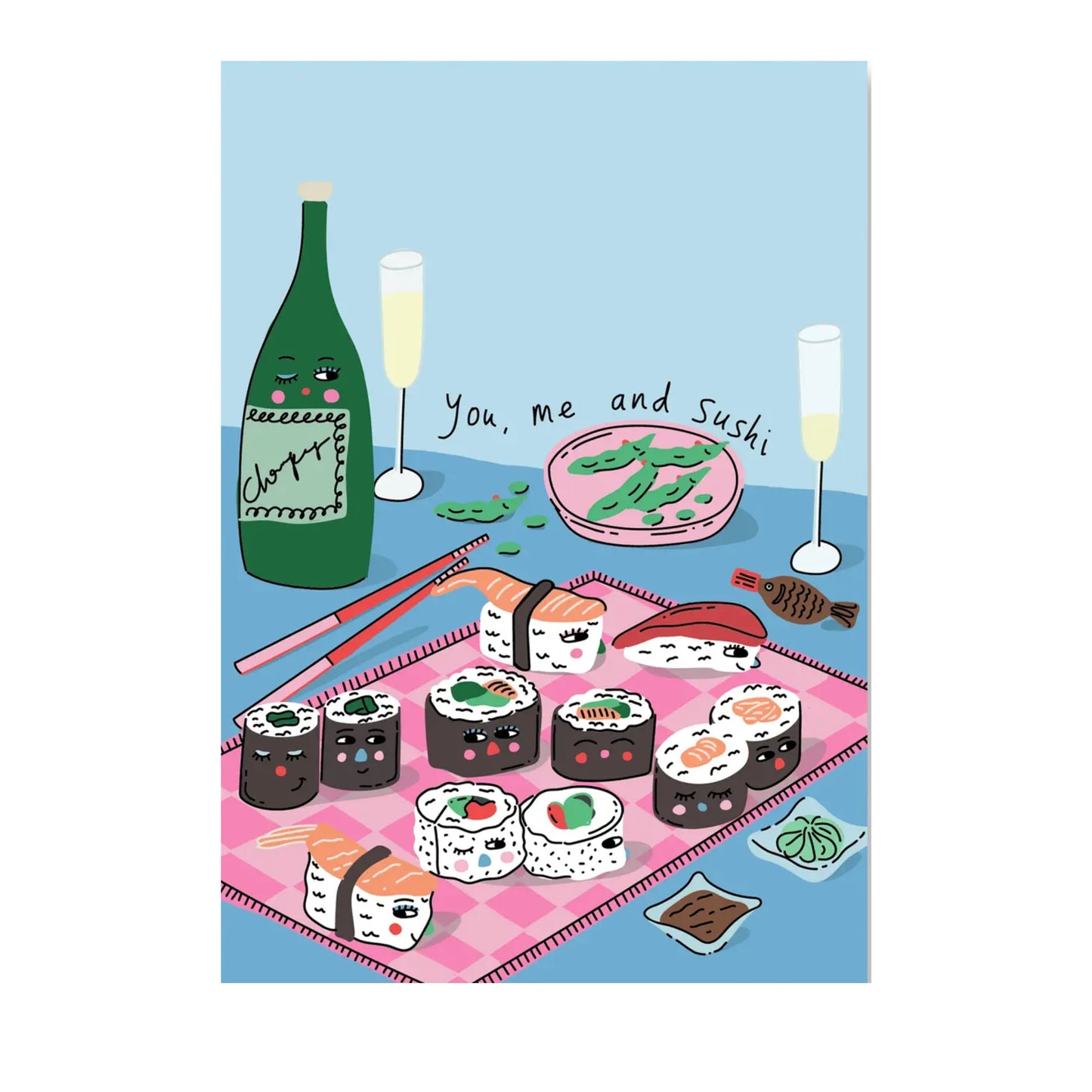 Illustrated card with a picnic, wine and sushi. Love, friendship and valentines day card.